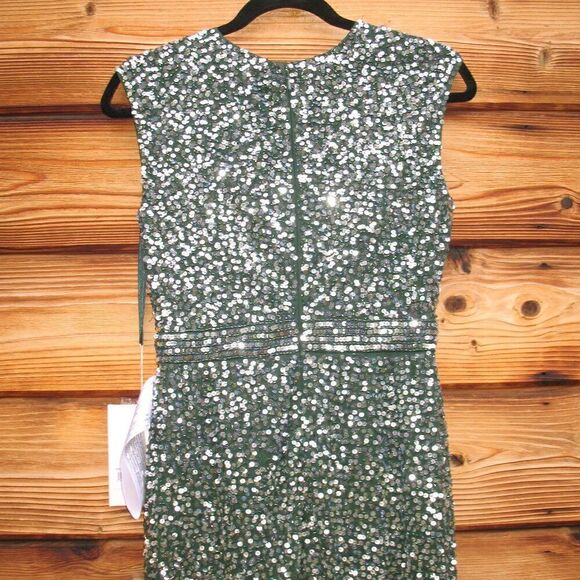 Mac Duggal 5489  Womens Green Cap SLEEVE SEQUINED HIGH SLIT GOWN - Picture 10 of 15